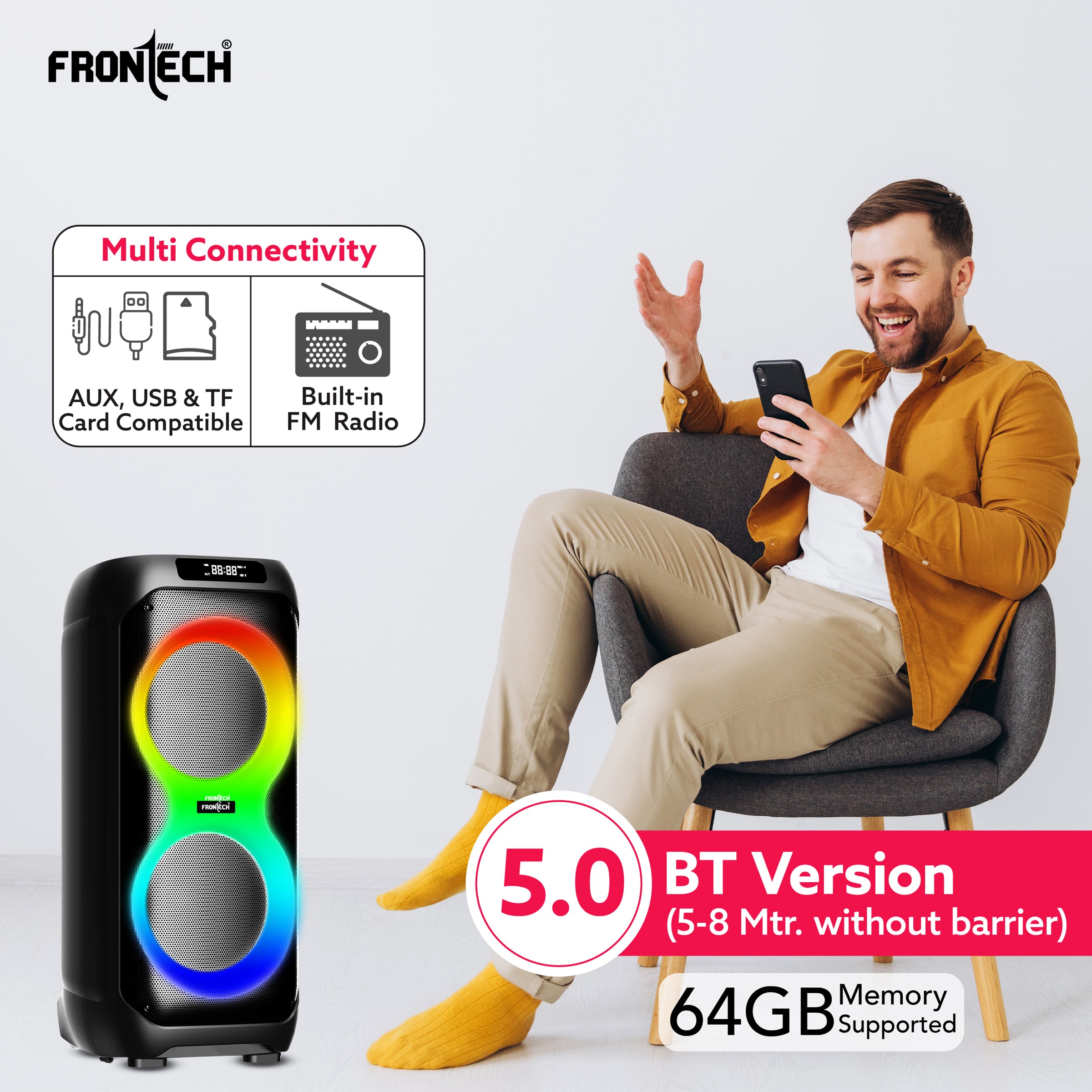 FRONTECH Smash PRO-95P Multimedia Bluetooth Speaker | 150W Output | RGB Lights | Wireless Mic & Karaoke | Dual 10 FRONTECH Smash PRO-95P Multimedia Bluetooth Speaker | 150W Output | RGB Lights | Wireless Mic & Karaoke | Dual 10